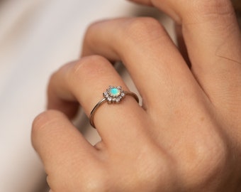 Opal engagement ring sterling silver, Unique opal promise ring for her, Snowflake ring, Dainty opal anniversary ring, Opal jewelry