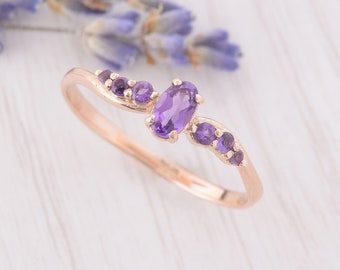 14k Rose Gold Amethyst Engagement Ring, Amethyst Ring, Oval cut ring, Purple stone ring, Amethyst jewelry, Dainty ring gold