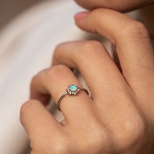 Opal engagement ring sterling silver, Unique opal promise ring for her, Snowflake ring, Dainty opal anniversary ring, Opal jewelry