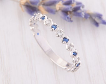 Womens Sapphire Wedding band, Dainty Wedding Band, Silver Sapphire Ring, Sapphire Jewelry, Sapphire Eternity Wedding Band,Blue Sapphire Ring