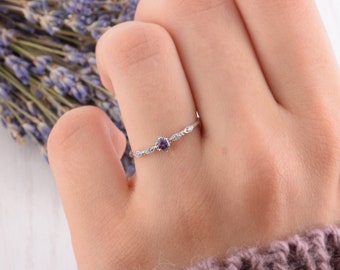 Small & delicate 925 sterling silver art deco amethyst womens engagement ring, Unique antique style amethyst promise ring gift for her