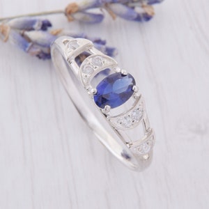 Art Deco Sapphire Silver Ring, Womens Sapphire Ring, Unique Sapphire Ring, Blue Sapphire Ring, Womens Anniversary Gift