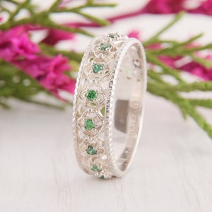 Art Deco Womens Emerald Wedding Band, Silver Wedding Band, Unique Wedding Band for Her, Geometric Wedding Band