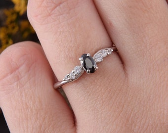 925 Sterling Silver Black Stone Promise Ring for Her, Simple