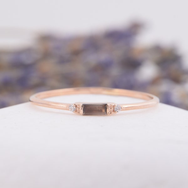 Delicate minimalist 14k rose gold baguette cut smoky quartz promise ring for her, Small tiny quartz womens engagement ring, Gift for her