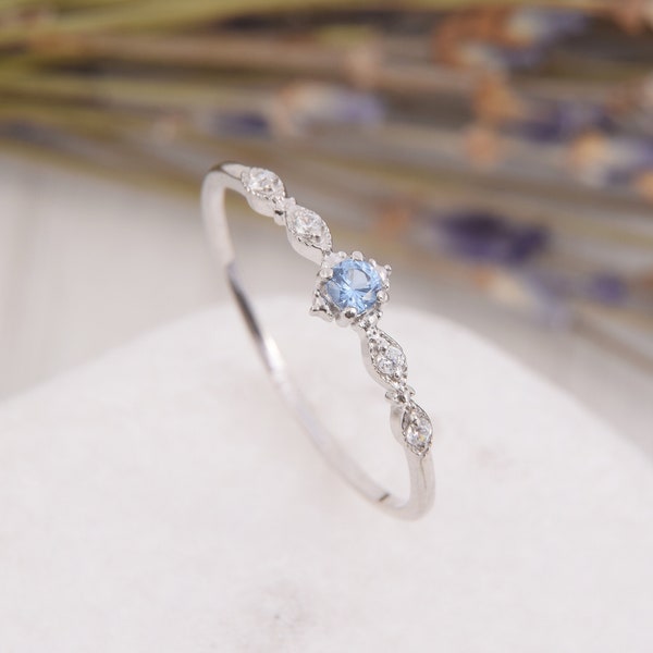 Small minimalist 14k white gold swiss blue topaz promise ring for her, Dainty art deco blue topaz tiny engagement ring, Topaz wedding ring