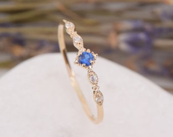 Gold small & dainty art deco blue sapphire promise ring for her, Minimalist delicate tiny sapphire engagement ring, Sapphire wedding ring