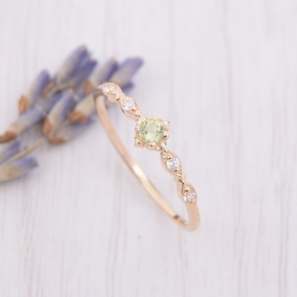 Antique dainty 14k solid yellow gold art deco peridot promise ring for her, Small minimalist peridot engagement ring, Anniversary gift ring