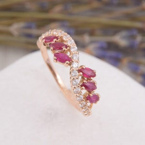 Dainty Rose Gold Marquise Ruby Wedding Band, Curved Half Eternity Stacking Ring, July Birthstone Bridal Ring
