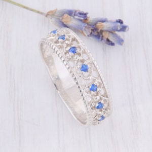 Unique Sapphire Wedding Band, Womens Silver Wedding Band, Art Deco Wedding Band, Antique Wedding Band, Blue Sapphire Silver Ring