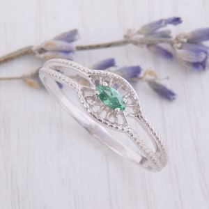 Art deco ring, Emerald ring, Victorian ring, Solitaire ring, Marquise ring, May birthstone, Silver emerald ring, Silver ring women