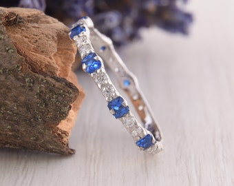 Unique Sapphire Wedding Band, Silver Wedding Band Women, Blue Sapphire Ring, Dainty Wedding Band, Minimalist Wedding Band,Small Wedding Band