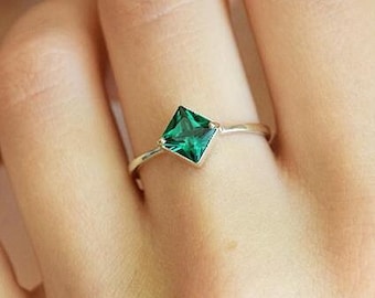 Sterling Silver Princess Cut Emerald Engagement Ring, Minimalist Solitaire Promise Ring for Her