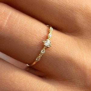 Minimalist delicate art deco 14k gold women diamond cz engagement ring, Dainty elegant gold cz promise ring, Unique tiny stacking ring gold