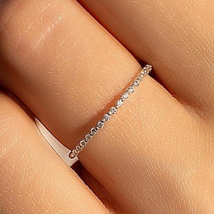 Small delicate 925 sterling silver pave diamond cz wedding band, Minimalist dainty thin half eternity diamond silver stacking wedding ring