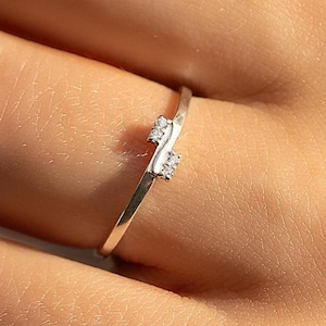 Minimalist delicate 925 sterling silver diamond cz promise ring for her, Dainty tiny cz stacking ring silver, Women wave wedding ring silver