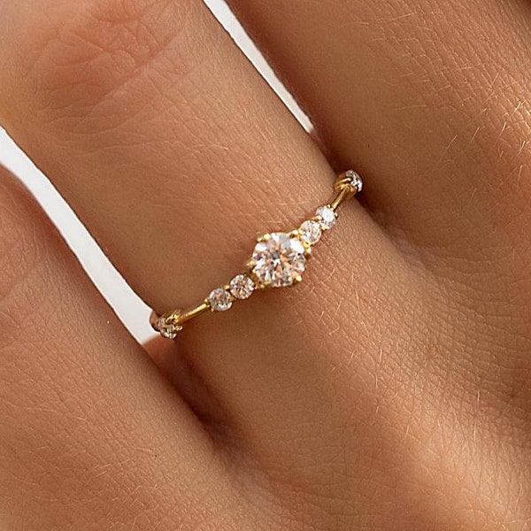 Dainty minimalist 14k gold diamond cz engagement ring, Unique elegant cz promise ring gold, Women classic everyday ring gold gift for her