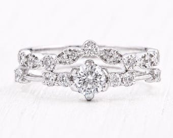 Elegant brudringsset med CZ, förlovningsring i sterlingsilver med två ringar och böjd vigselring