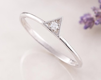 Dainty 925 Sterling Silver Triangle CZ Promise Ring, Minimalist Geometric Engagement Ring
