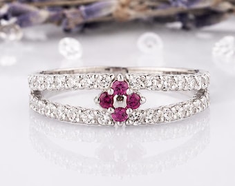 Ruby Floral Promise Ring for Her, Sterling Silver July Birthstone Dainty Flower Ring