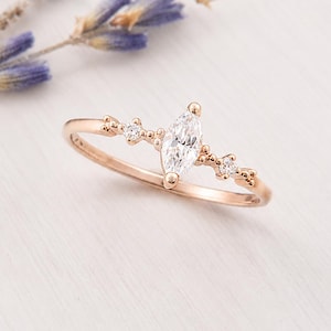 Dainty Rose Gold Marquise CZ Engagement Ring,  Minimalist Cubic Zirconia Cluster Promise Ring