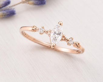 Dainty Rose Gold Marquise CZ Engagement Ring,  Minimalist Cubic Zirconia Cluster Promise Ring