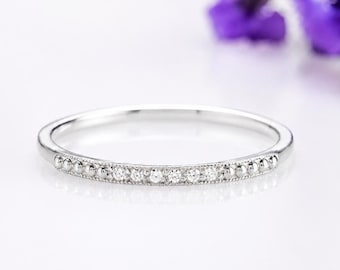 Dainty 925 Sterling Silver CZ Stacking Ring, Minimalist Cubic Zirconia Wedding Band, Delicate Thin Pave Ring