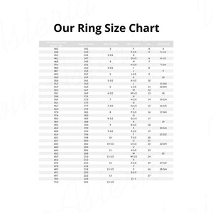 May include: A chart showing ring sizes in US, UK, and international sizes. The chart lists the circumference in millimeters, the diameter in inches, the US size, the UK size, and the international size.