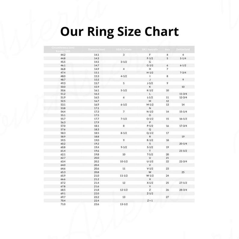 May include: A chart showing ring sizes in US, UK, and international sizes. The chart lists the circumference in millimeters, the diameter in inches, the US size, the UK size, and the international size.