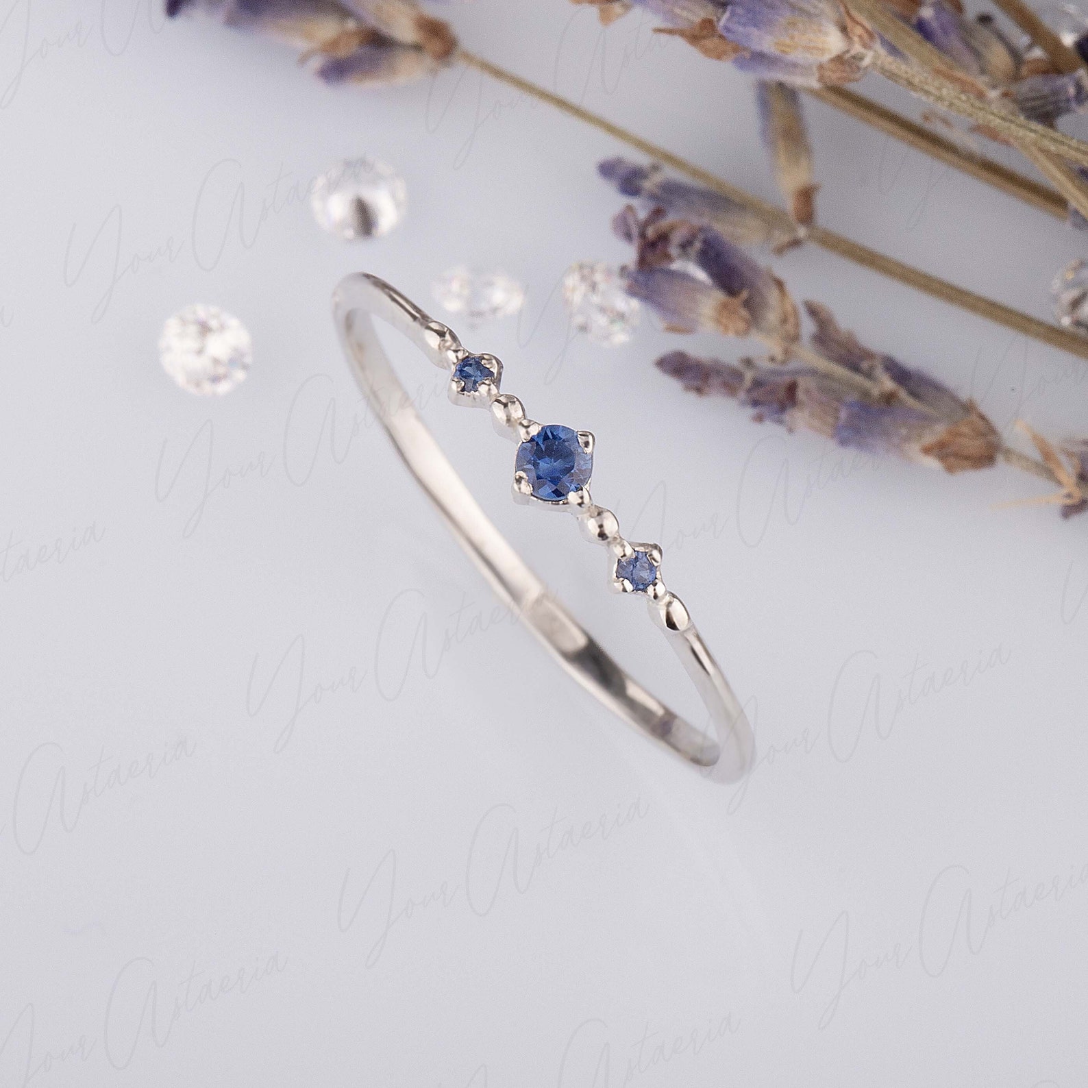 Dainty Minimalist 3 Stone Blue Sapphire Engagement Ring Thin - Etsy
