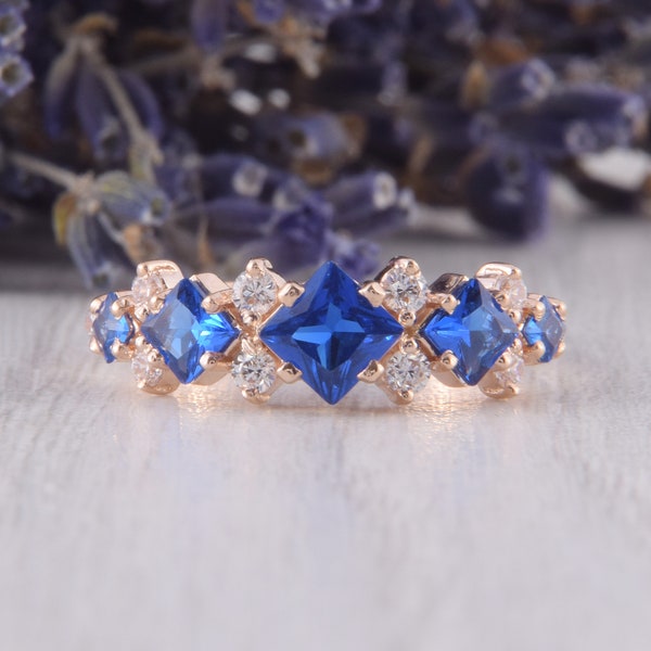 Rose Gold Art Deco Sapphire Wedding Band, Unique Womens Wedding Band, Sapphire Jewelry, Womens Sapphire Ring, Gold Sapphire Ring