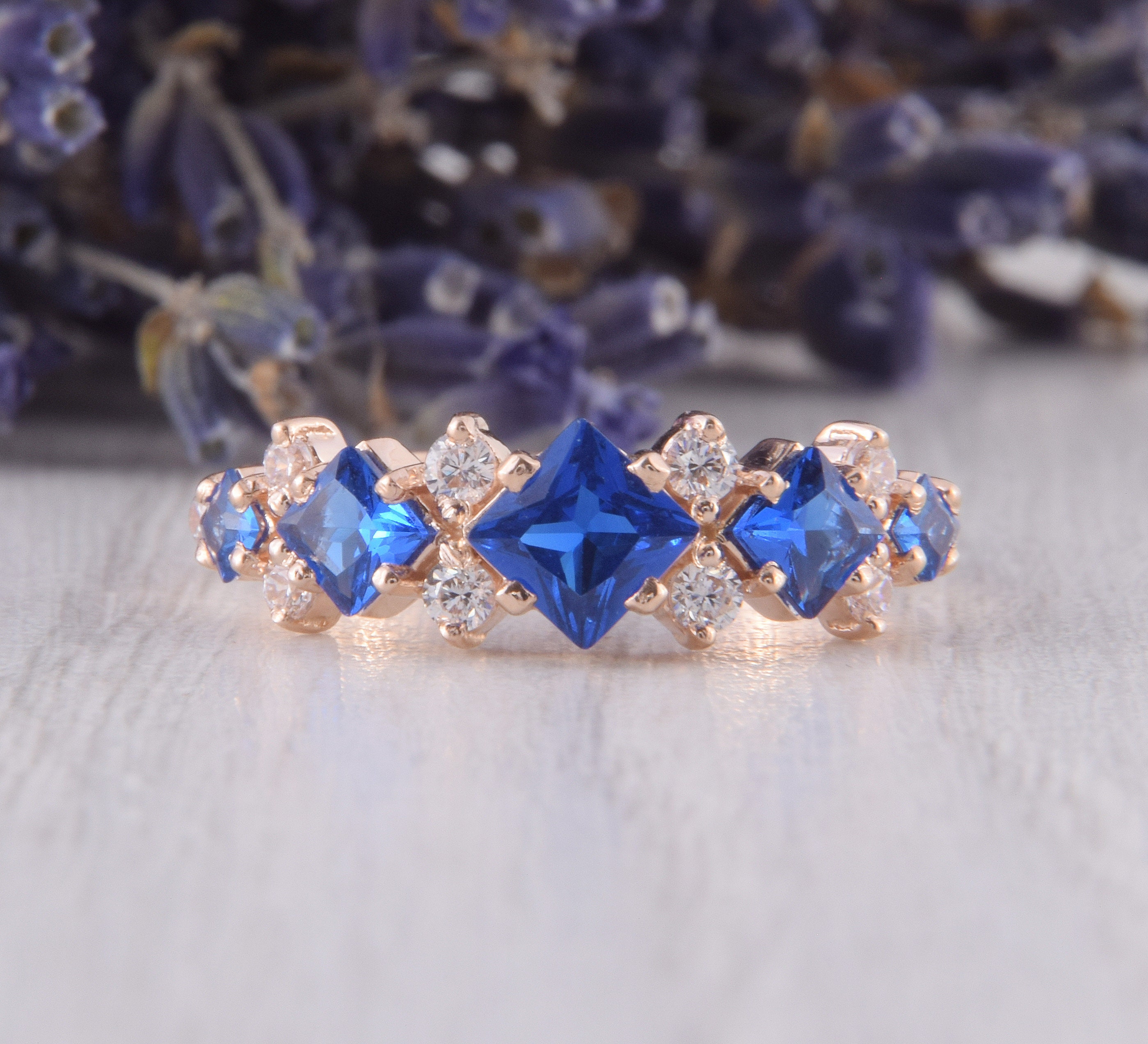 Rose Gold Art Deco Sapphire Wedding Band, Unique Womens Wedding Band, Sapphire Jewelry, Womens Sapphire Ring, Gold Sapphire Ring