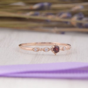 Rose gold tiny & dainty victorian style garnet engagement ring, Womens art deco garnet promise ring, Small minimalist garnet wedding ring image 7