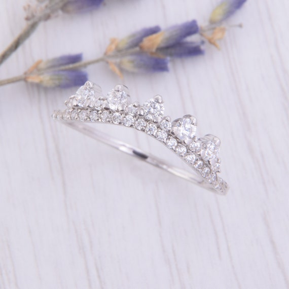 925 sterling silver curved crown art deco womens wedding band, Dainty & elegant white cz tiara wedding band for her, Delicate wedding band