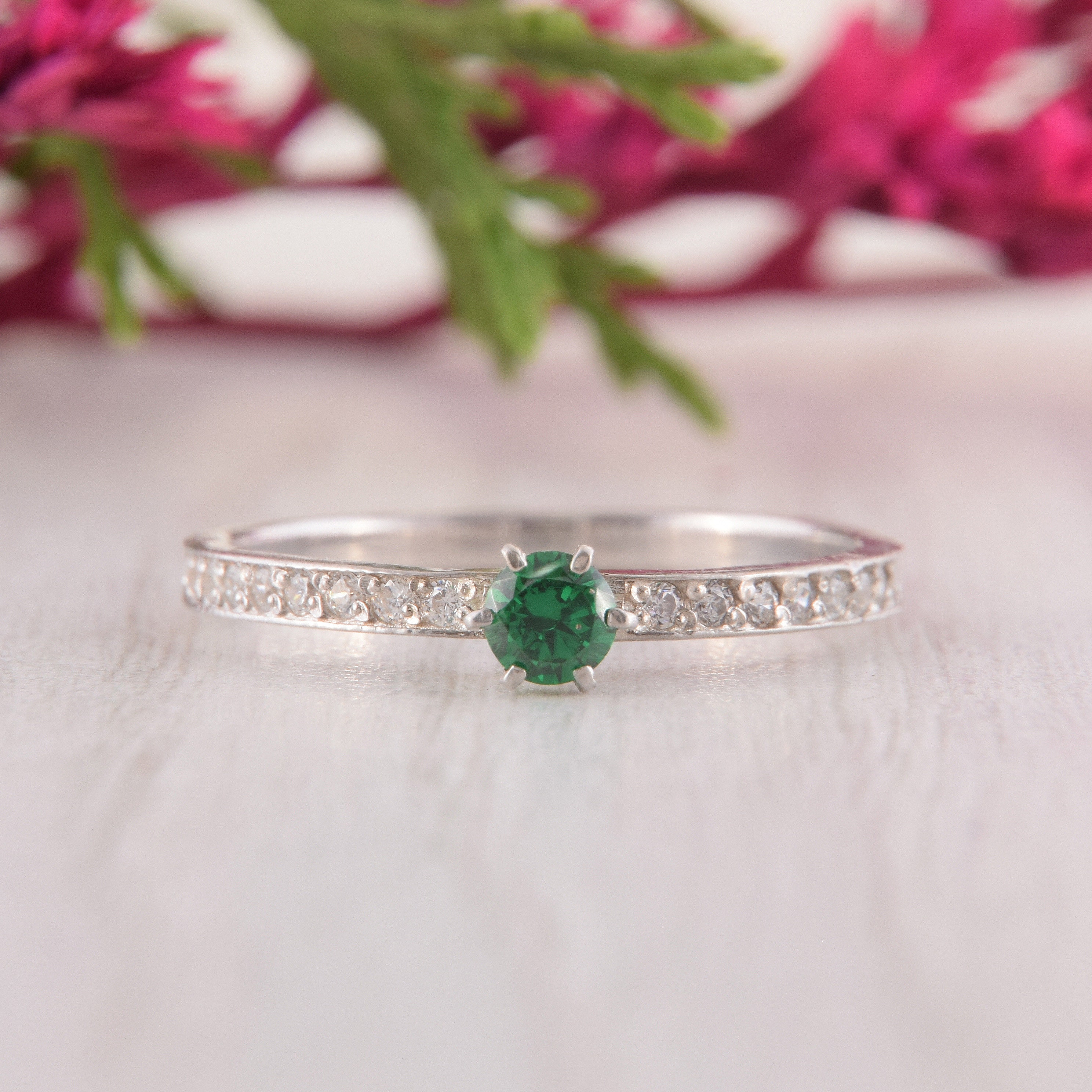 Dainty Silver Emerald Ring Womens Emerald Ring Minimalist Etsy