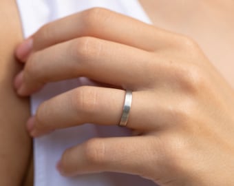 Plain Flat Wedding band for him & her, Brushed wedding band for couples, Simple minimalist 14k white gold 4mm wedding band in matte finish