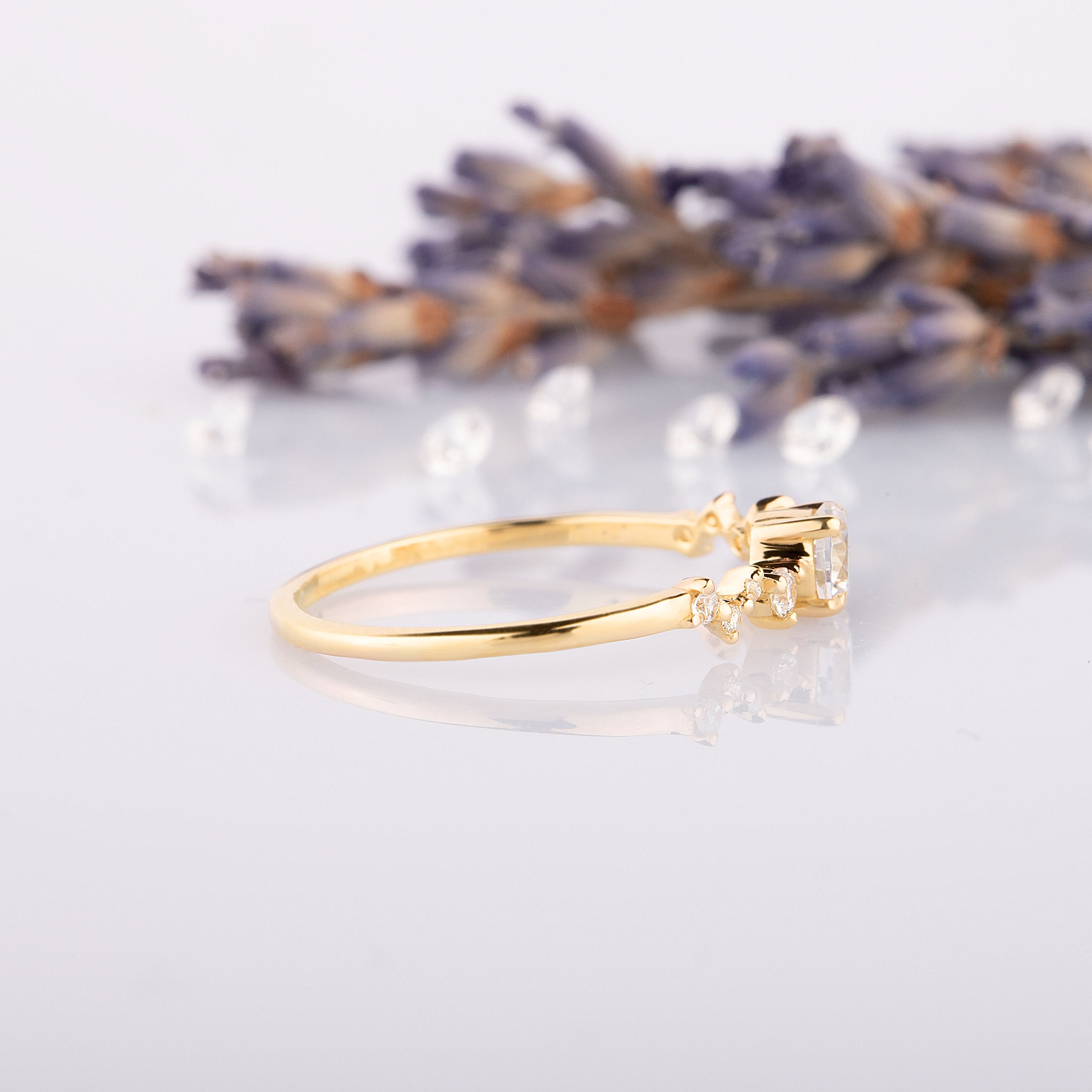 Dainty Yellow Gold CZ Cluster Promise Ring for Her, Minimalist