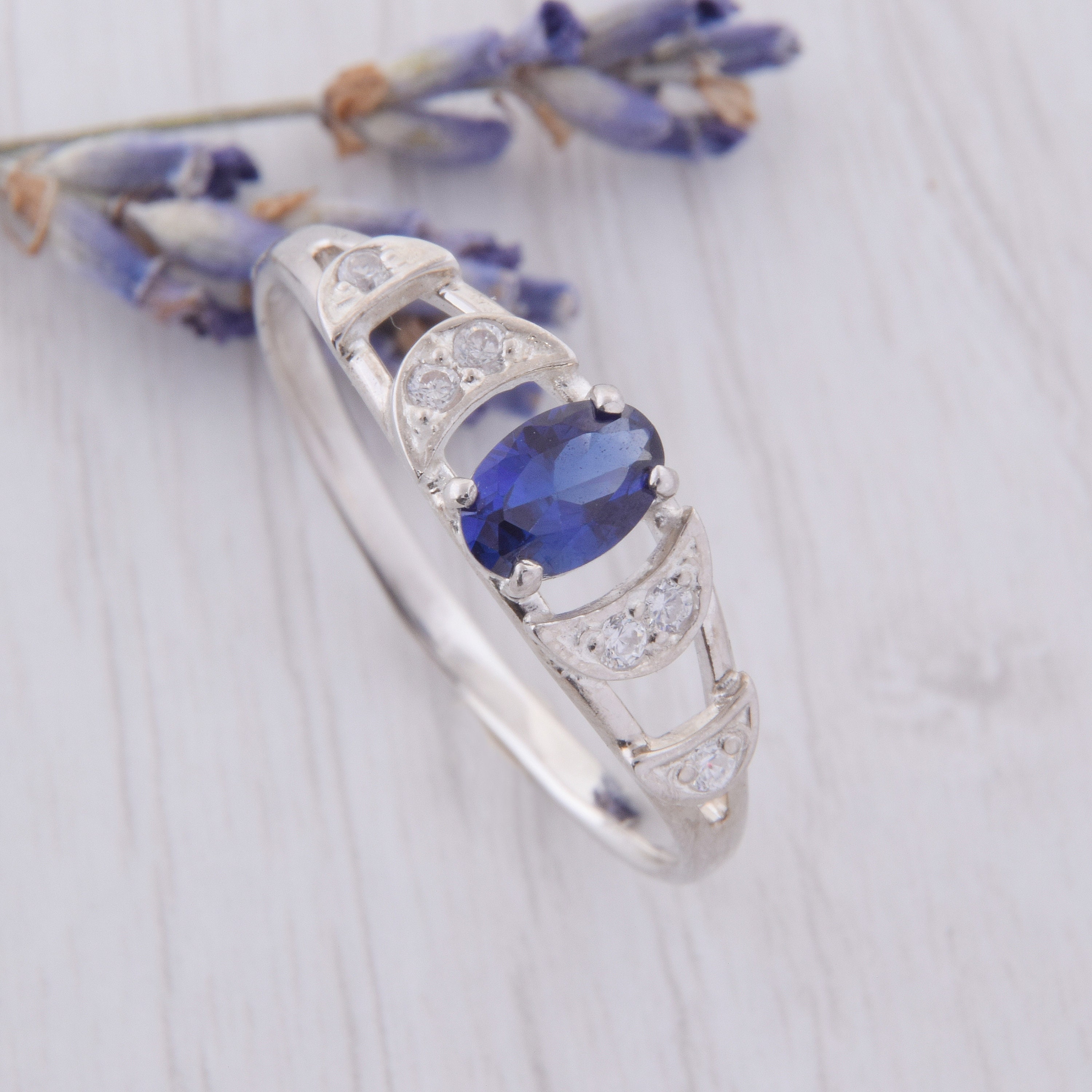 Art Deco Sapphire Silver Ring Womens Sapphire Ring Unique Etsy