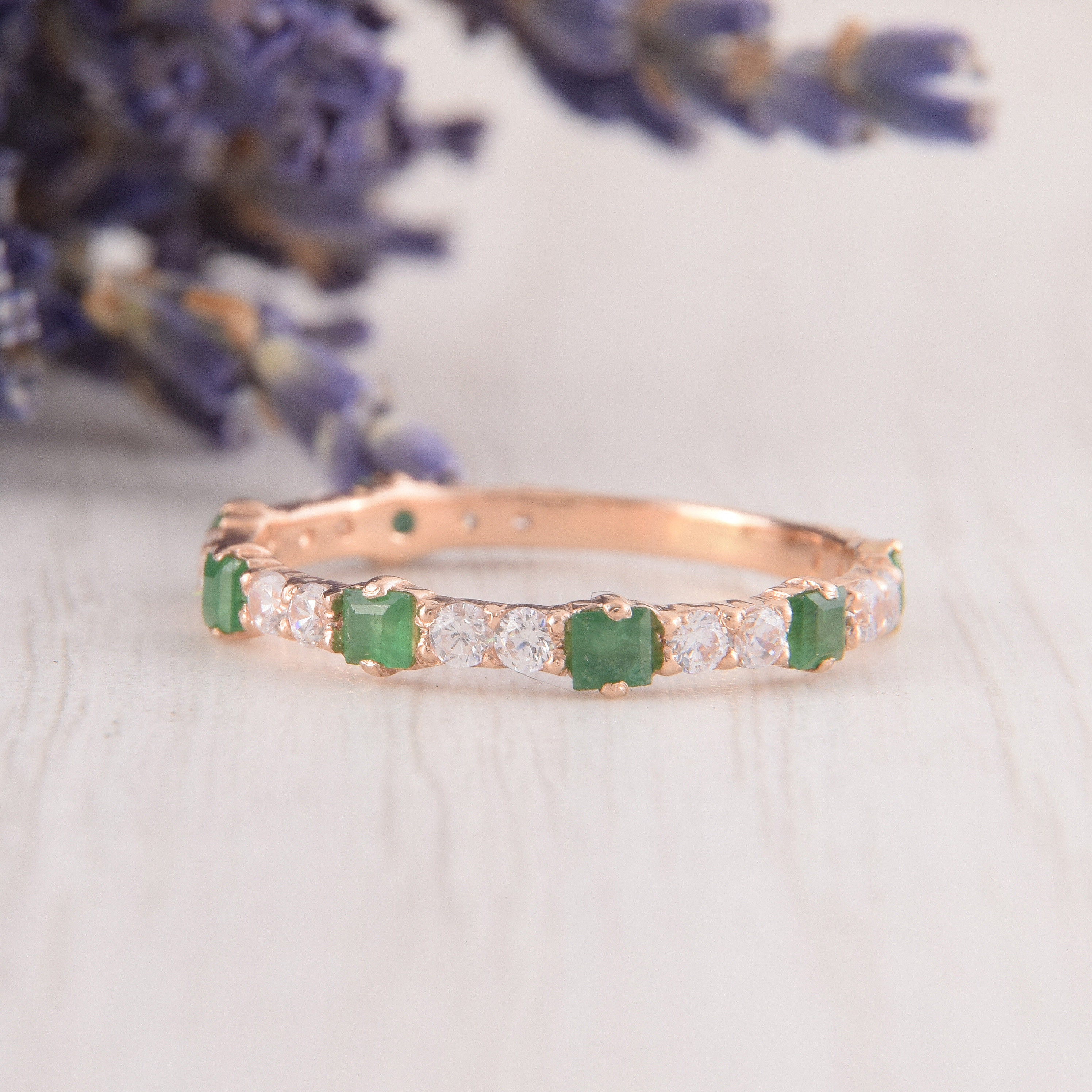 Womens Emerald Gold Wedding Band Unique Emerald Ring Dainty | Etsy