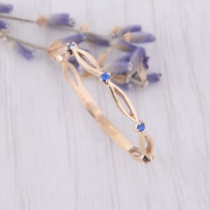 14k yellow gold celtic style blue sapphire wedding band, Unique small & delicate womens wedding band for her, Womens sapphire gold band