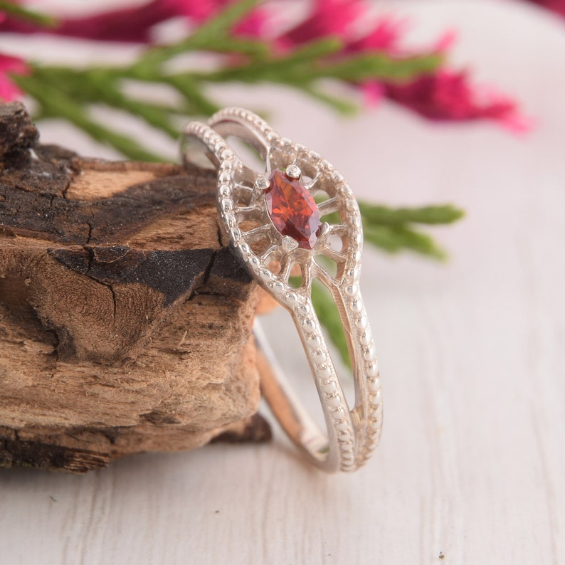 Womens Dainty Silver Ring Unique Womens Garnet Ring Art Deco Silver Promise Ring Marquise Ring Red Stone Ring Silver Garnet Ring
