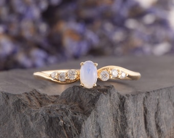 Unique Womens Moonstone Engagement Ring, Dainty Engagement Ring, Moonstone Gold Ring, Yellow Gold Minimalist Promise Ring for Her