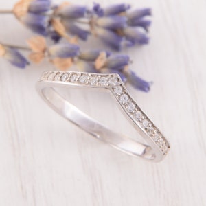 Womens Curved Wedding Band, V Ring, Chevron Ring, V Wedding Band, Silver Wedding Band, CZ Wedding Band