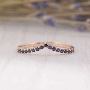 Dainty & small 14k rose gold blue sapphire curved wedding band, V shape womens chevron wedding band, Minimalist tiny wedding band for her