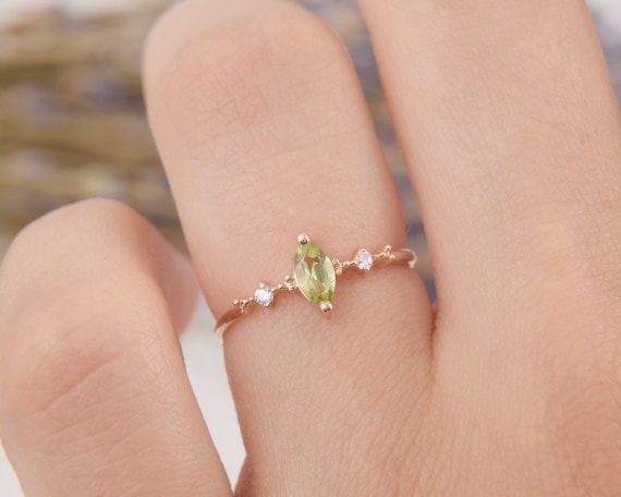 14k Rose Gold Dainty Marquise Peridot Promise Ring for Her, Delicate Art  Deco Peridot Engagement Ring, Womens Green Peridot Wedding Ring -   Canada