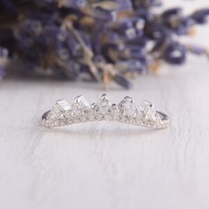 Art Deco Dainty 925 Sterling Silver CZ Curved Wedding Band, Crown Tiara Stacking Ring image 6