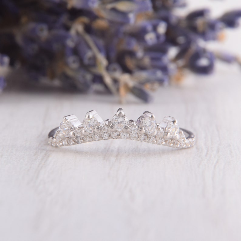 Art Deco Dainty 925 Sterling Silver CZ Curved Wedding Band, Crown Tiara Stacking Ring image 6