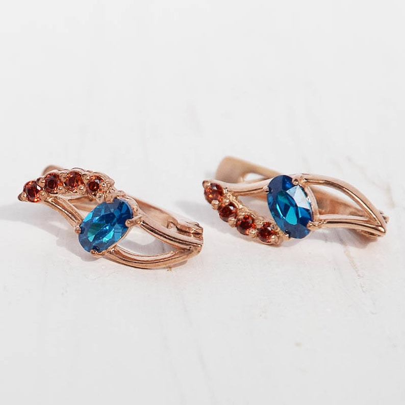 Rose gold earrings Topaz earrings Garnet earrings Red stone earrings Unique gold earrings Blue stone earrings Dainty earrings