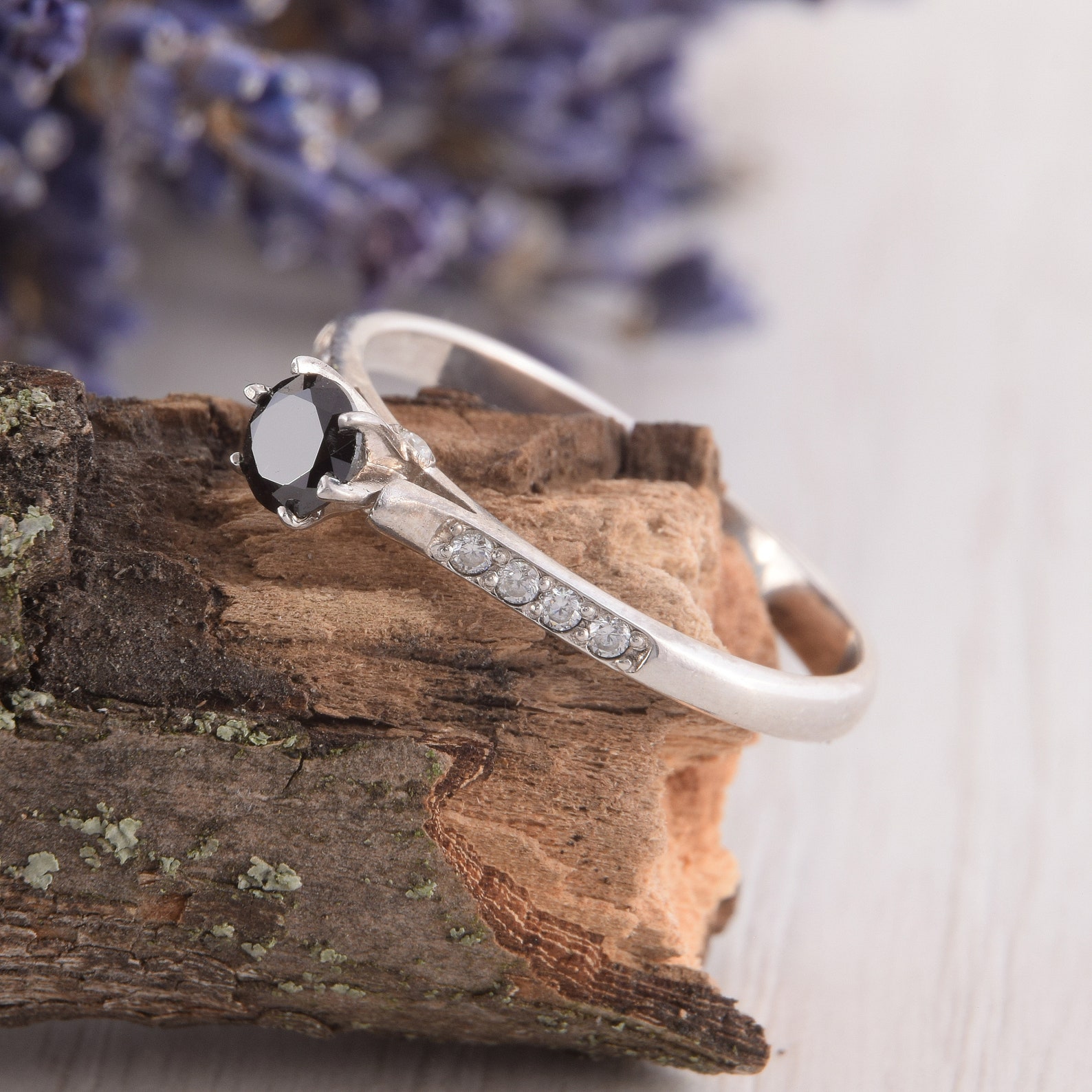 Unique Black Stone Engagement Ring Womens Art Deco Engagement Etsy