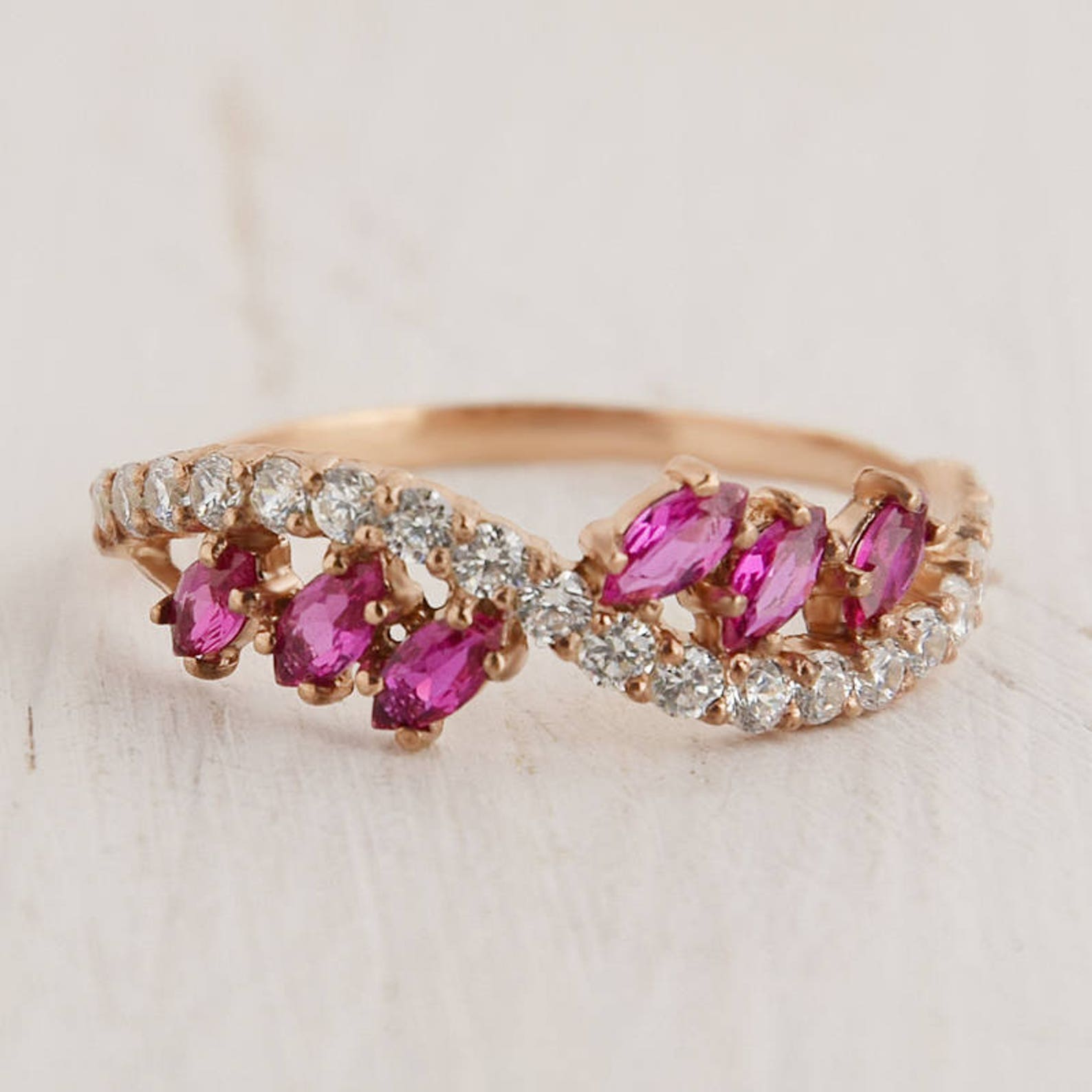 Unique Rose Gold Ruby Wedding Band Womens Anniversary Ring